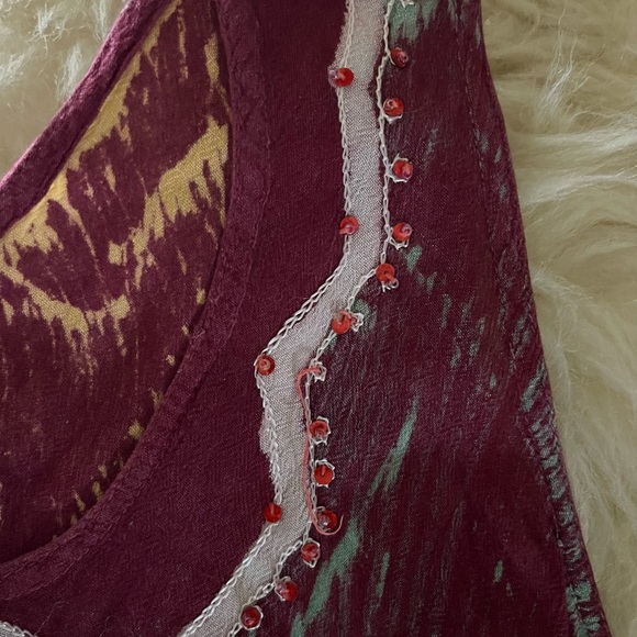 Maroon Beaded Sequined Embroidered Sleeveless Swing Linen X-Long Top - Picture 6 of 9